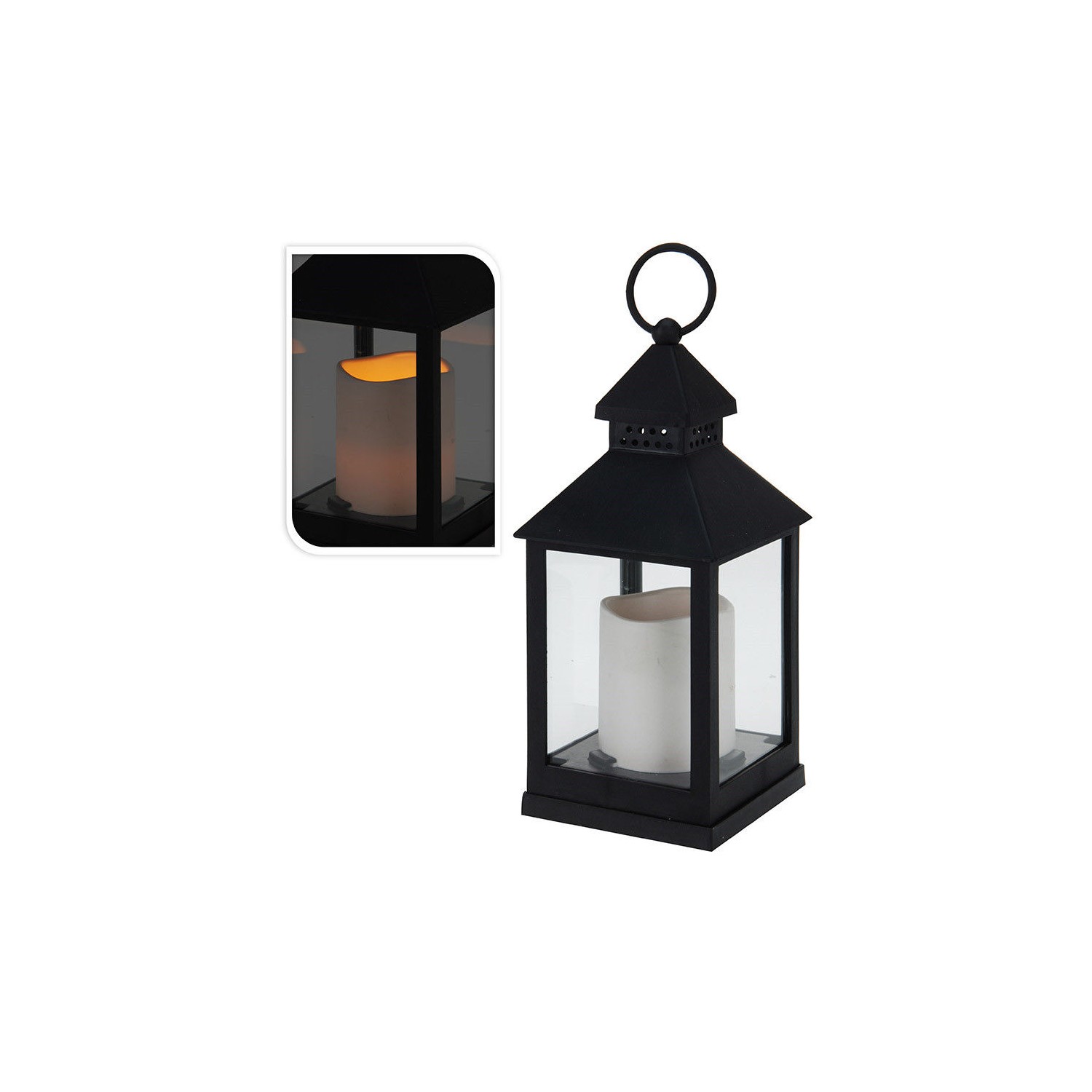 Farol con vela de led negro 10.5x10.5x23cm