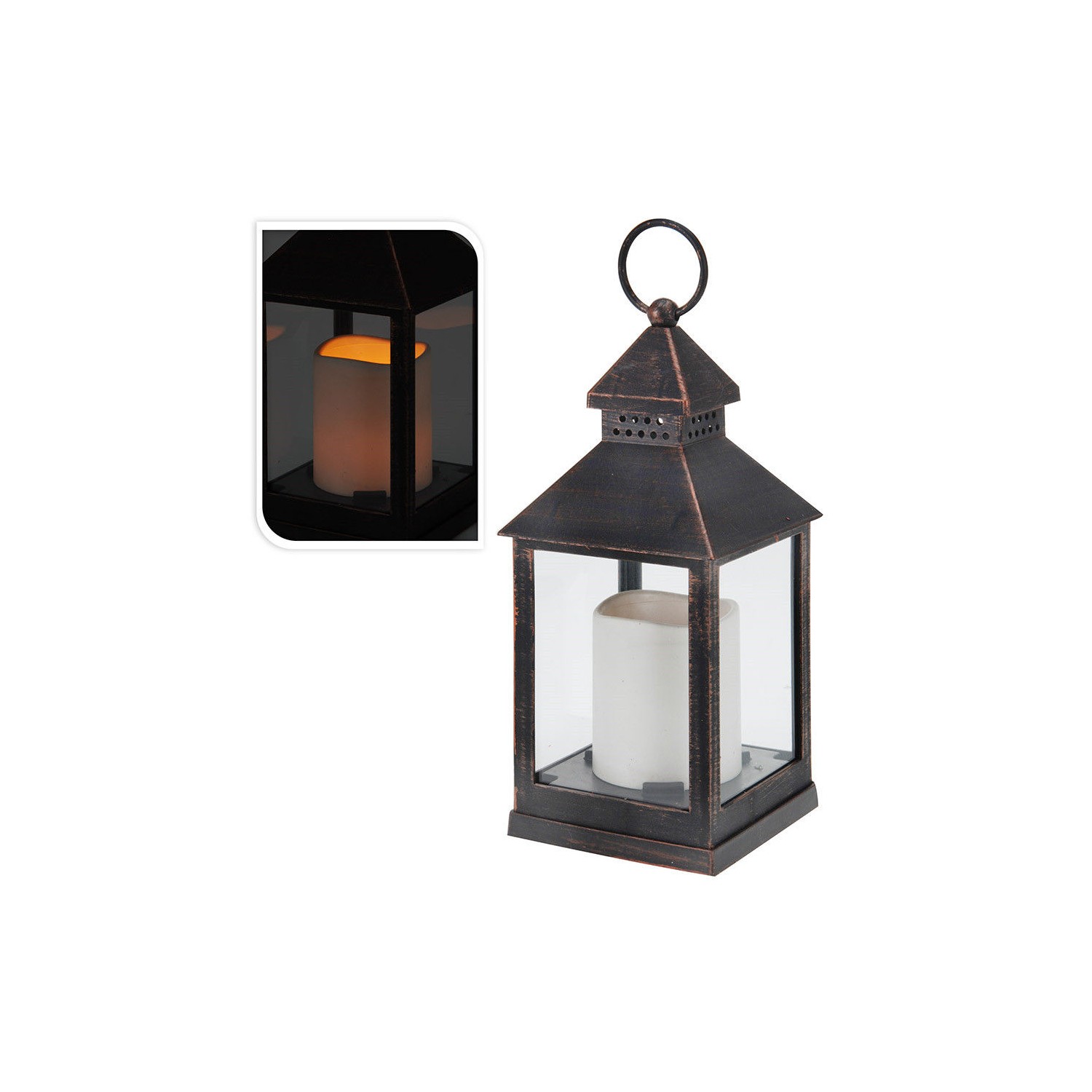 Farol con vela de led 10.5x10.5x23cm bronce