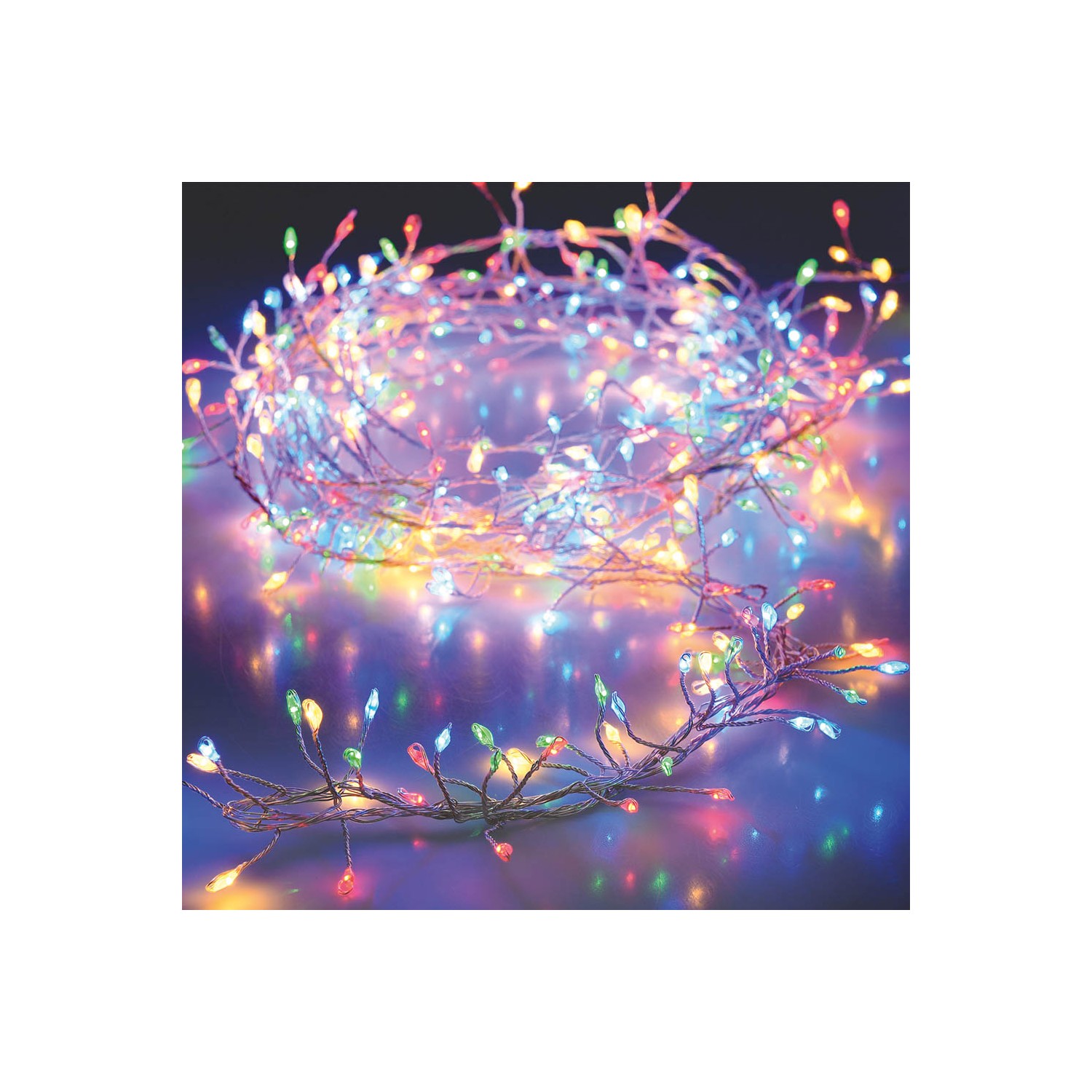 Guirnalda a pilas fija 100 leds cable color plata luz multicolor 1,5m