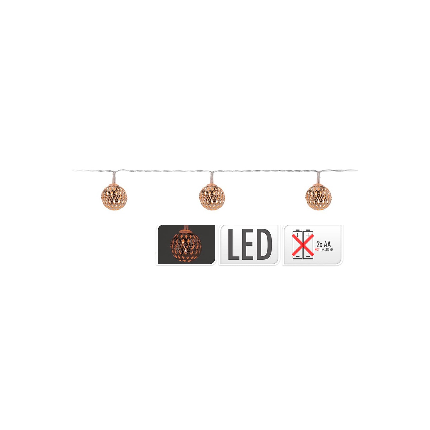 Guirnalda a pilas fija 10 leds con bolas color cobre luz blanco calido 1,3m