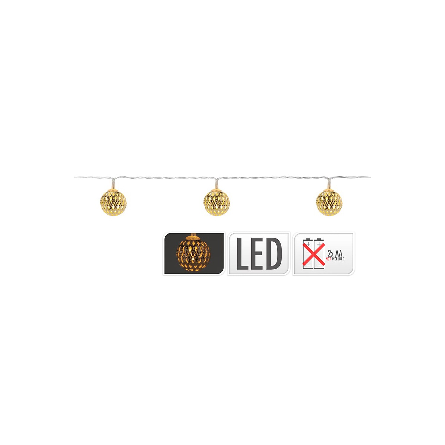 Guirnalda a pilas fija 10 leds con bolas color oro luz blanco calido 1,3m