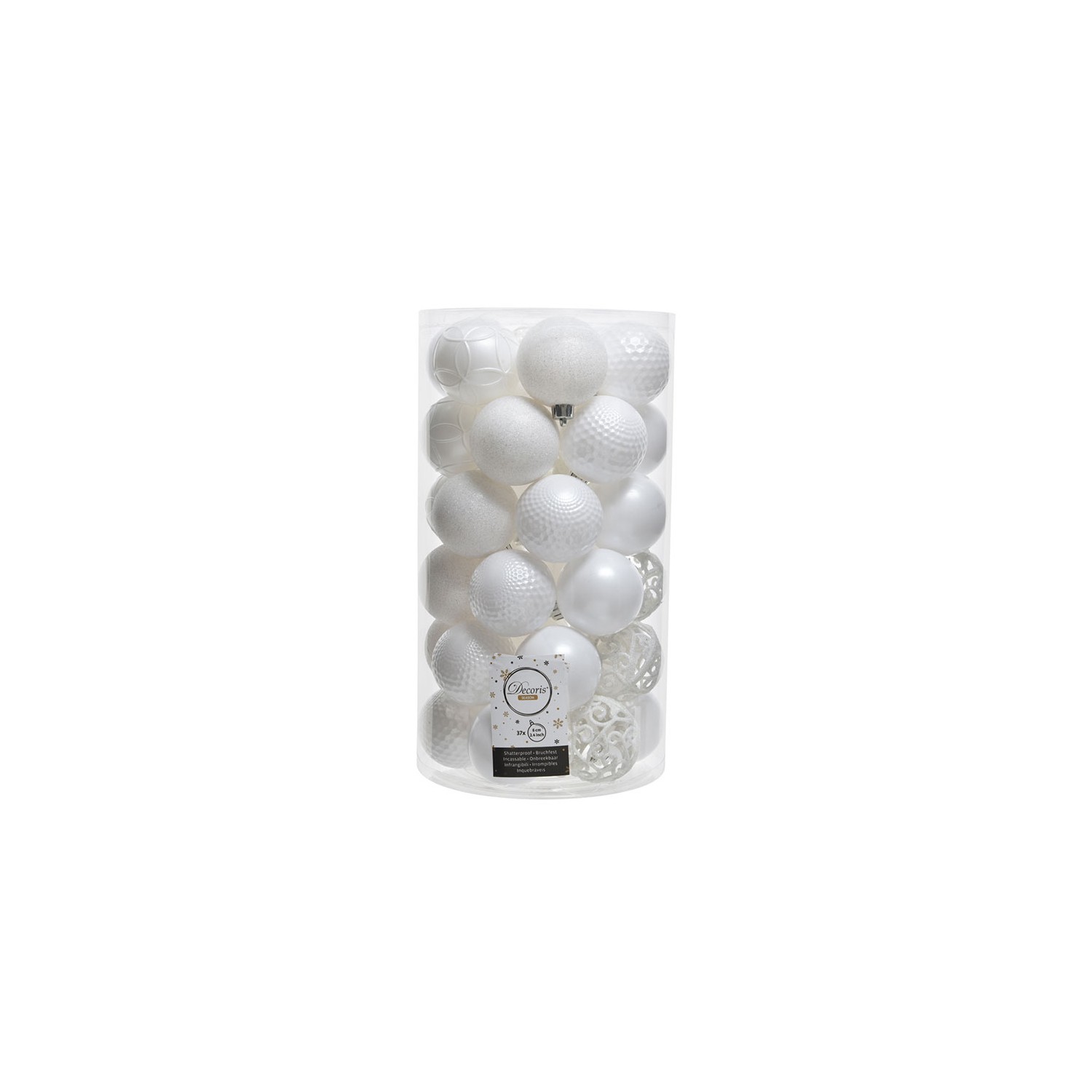 Tubo con 37 bolas blancas decorativas para arbol de navidad ø6cm