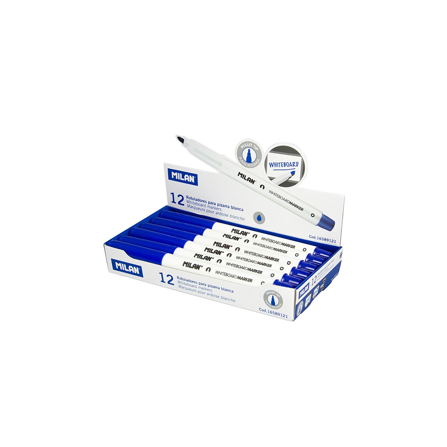 Caja de 12 rotuladores azules ø3,7mm para pizarra blanca milan