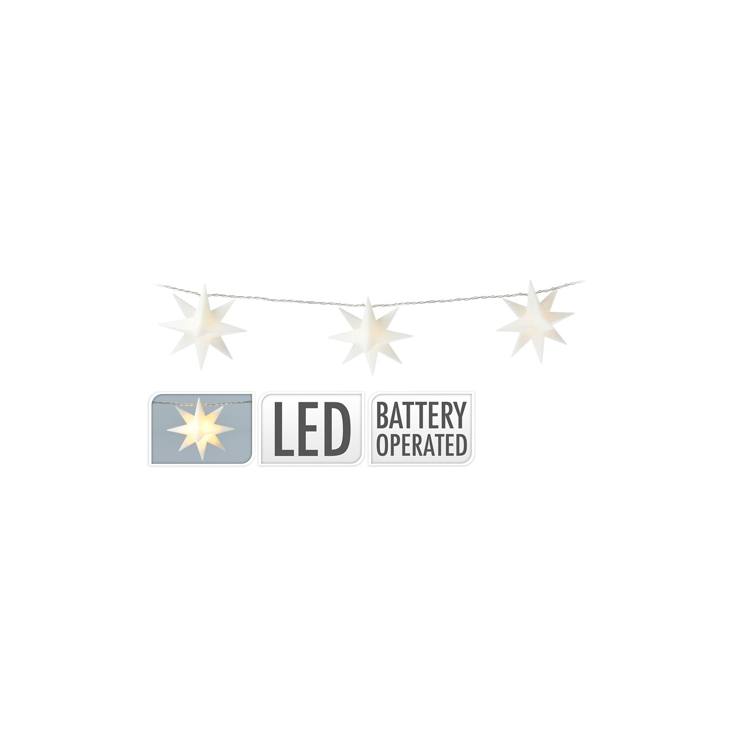 Guirnalda a pilas fija 10 leds estrellas decorativas ø8cm luz blanco calido 1,8m