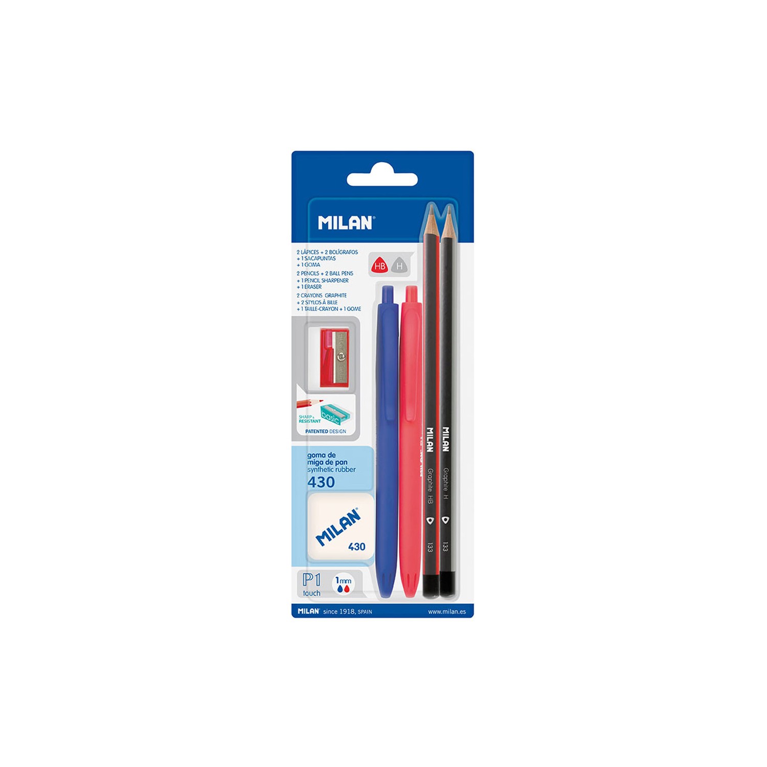 Blister con 2 bolígrafos p1 (azul/rojo), 2 lapices grafito hb y h, goma 430 y sacapuntas milan colores / modelos surtidos