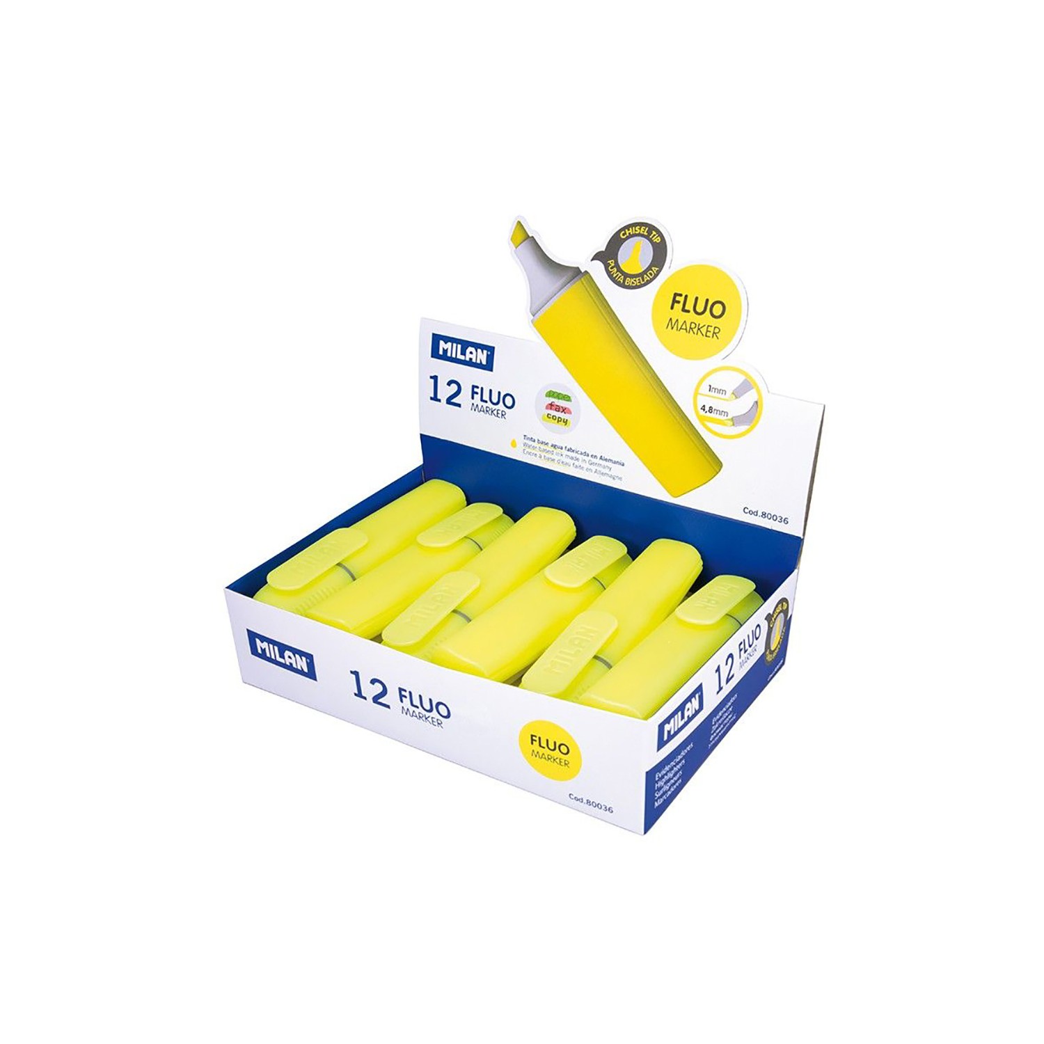 Caja expositora con 12 marcadores fluorescentes color amarillo milan