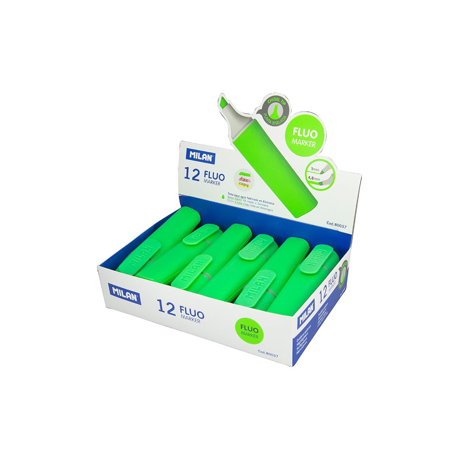 Caja expositora con 12 marcadores fluorescentes color verde milan