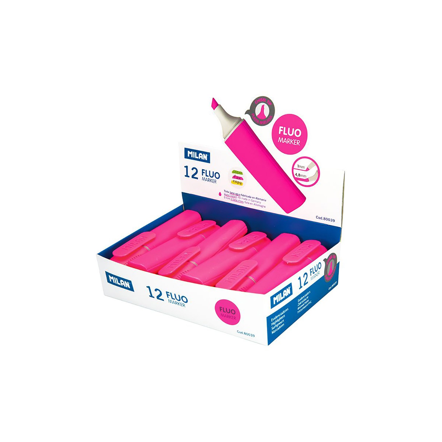Caja expositora con 12 marcadores fluorescentes color rosa milan
