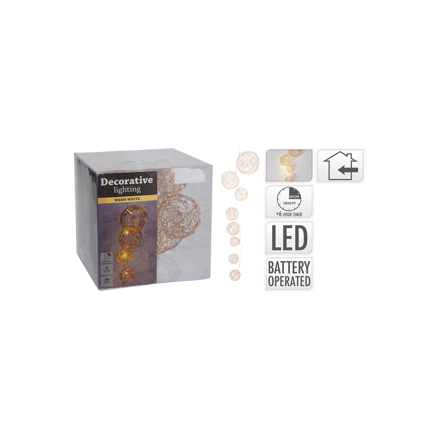 Guirnalda 8 bolas yute varios diametros con led, blanco calido, 8 leds, 90cm. basics