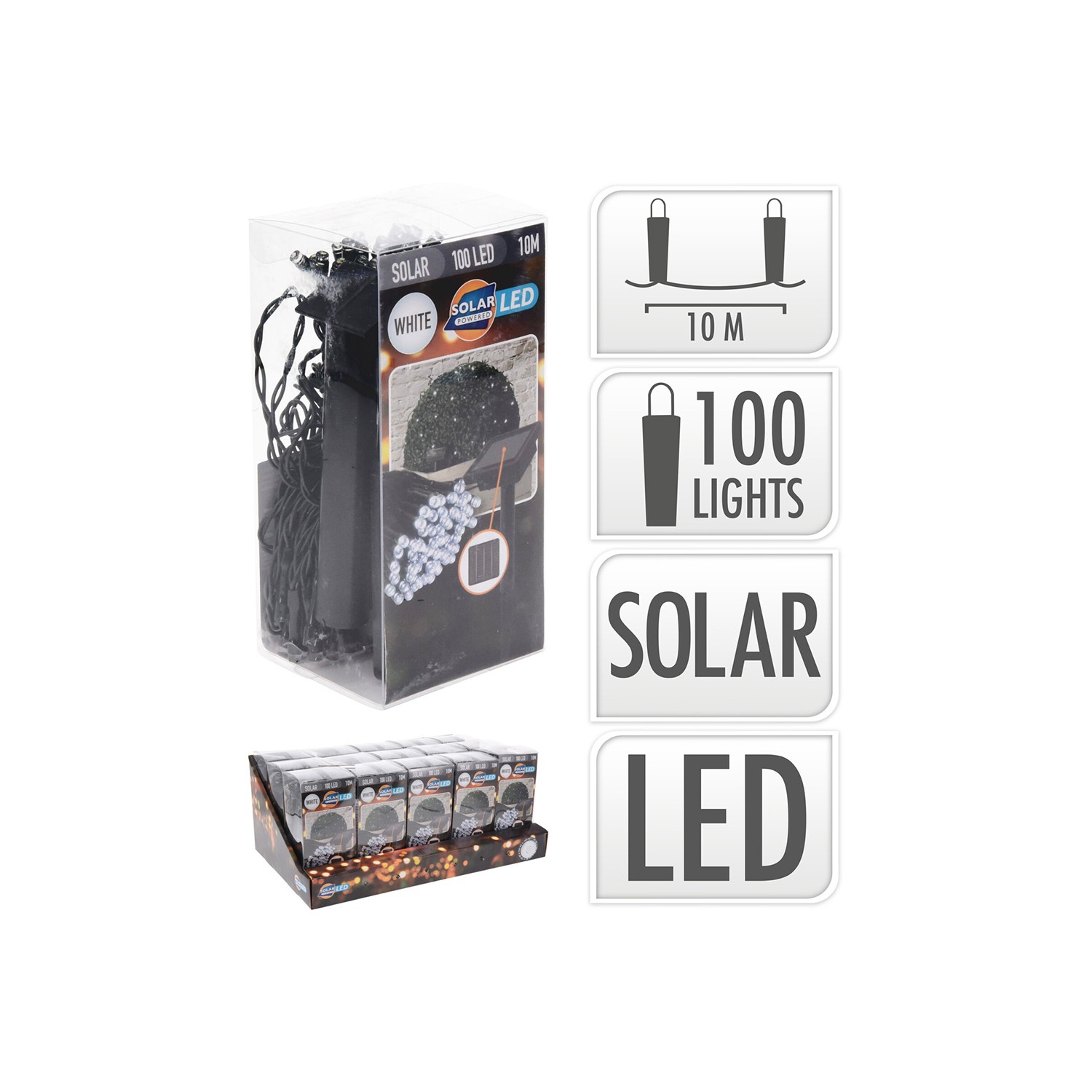 Guirnalda led, blanco calido, ip44, 100 leds, solar, 10m. basics