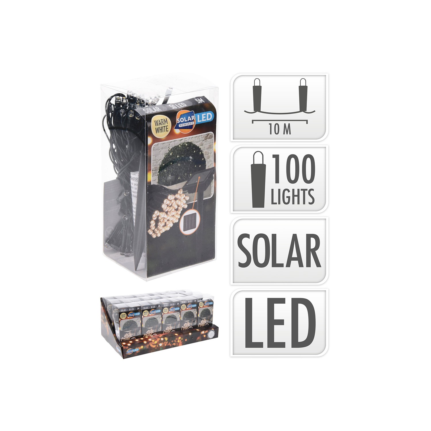 Guirnalda led, blanco calido, ip44, 50 leds, solar, 5m. basics