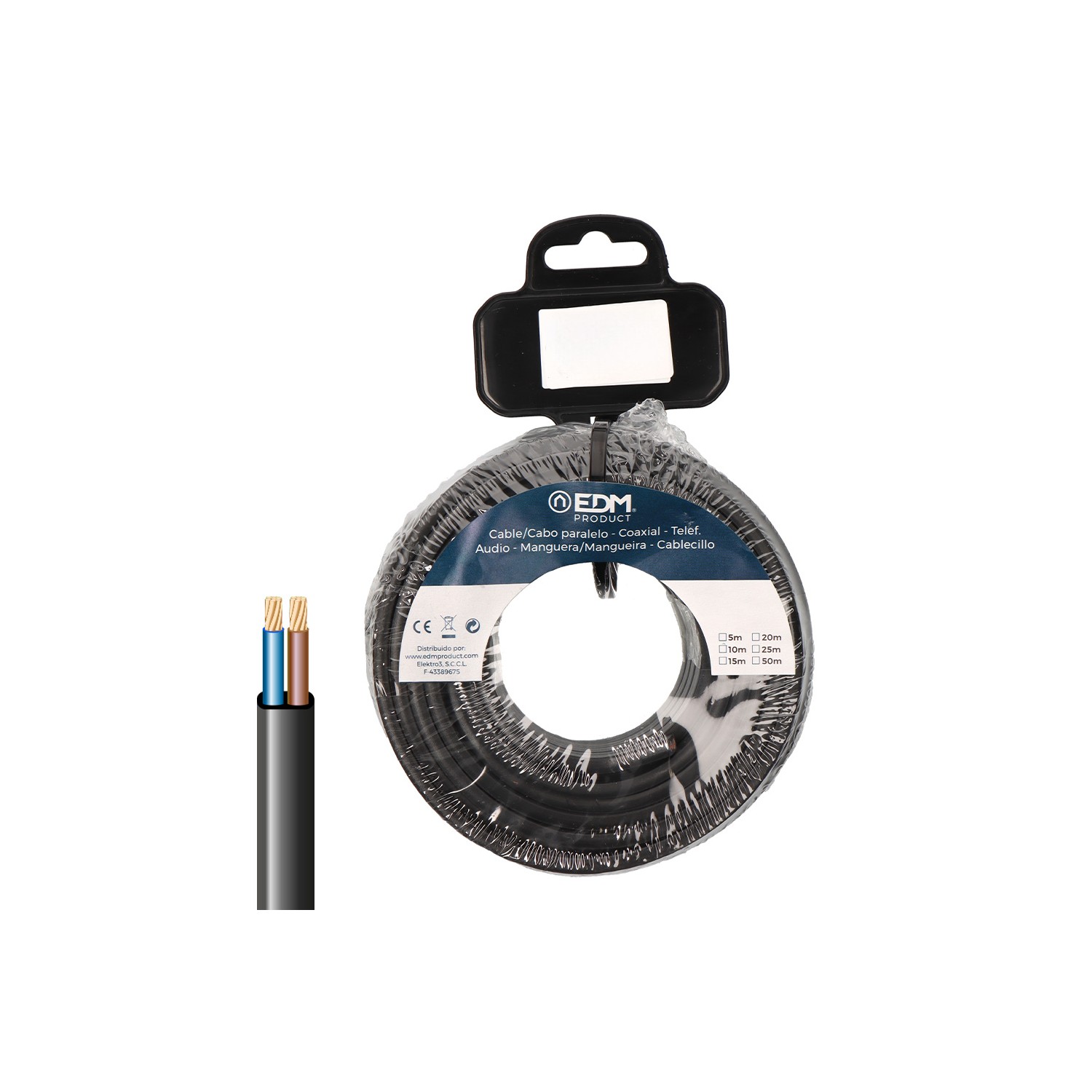 Carrete 5m cable paralelo plano negro 2x2,5mm, edm