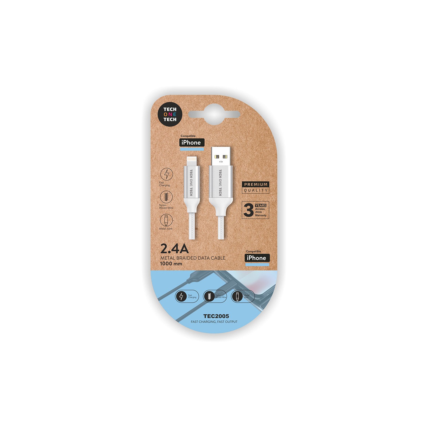 Cable blanco nylon (usb-a a lightning/apple) 1m 2a tech one tech