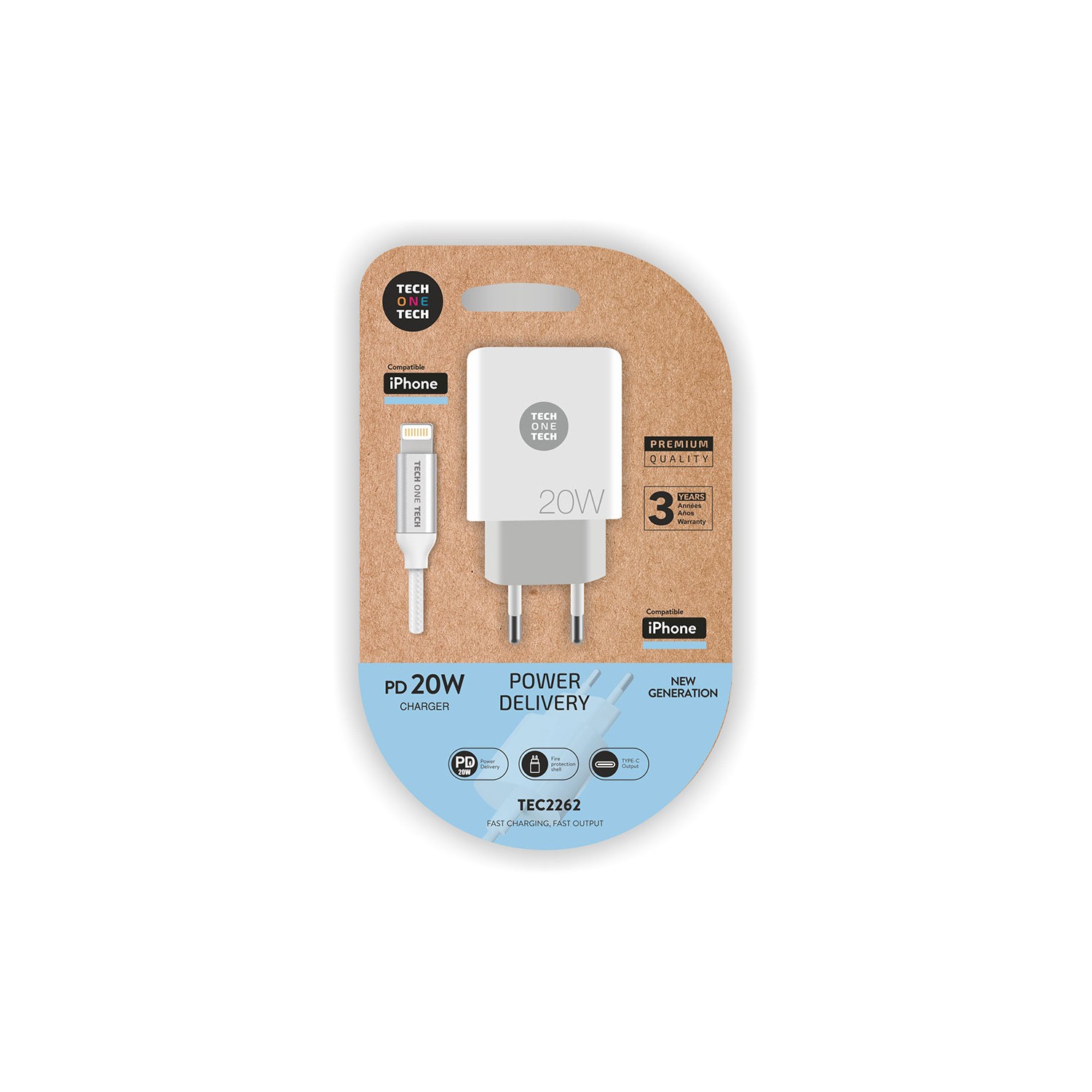 Cargador pd 20w + cable lightning-apple blanco tech one tech