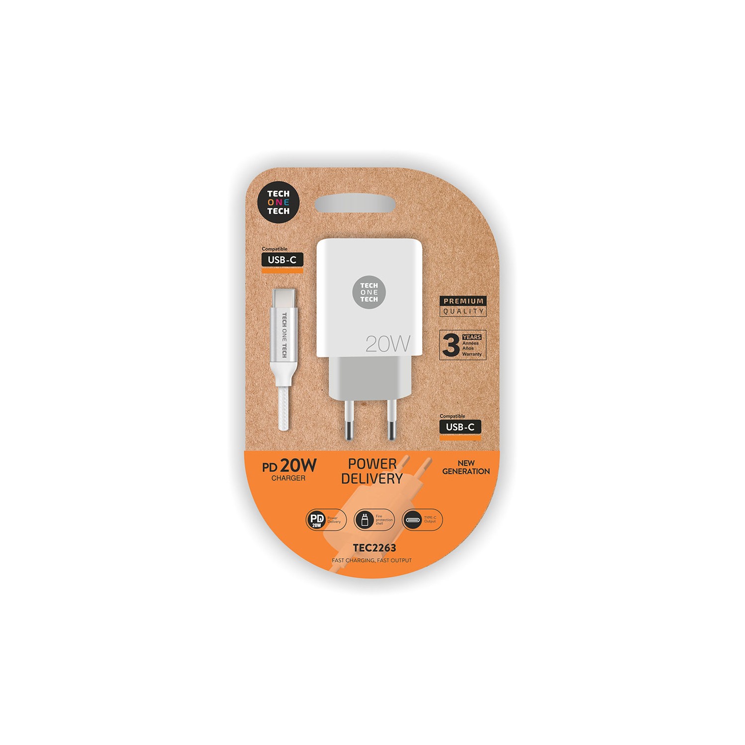 Cargador pd 20w + cable usb-c blanco tech one tech