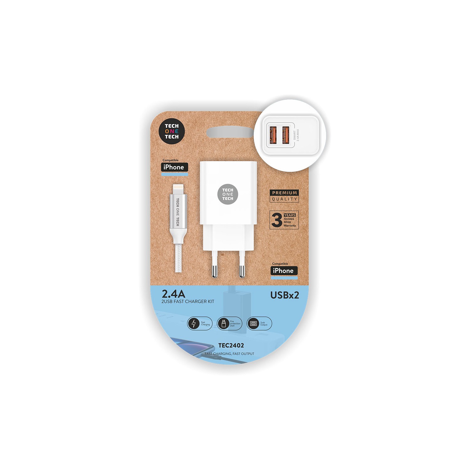 Cargador doble blanco+cable nylon lightn/apple 2,4 tech one tech