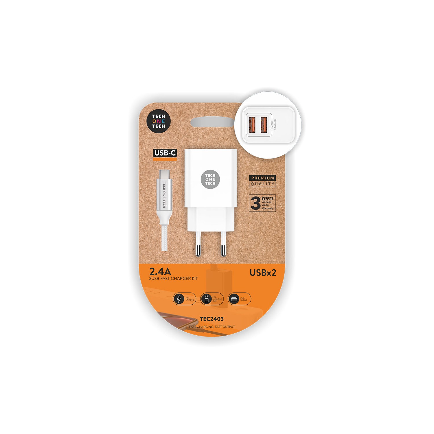 Cargador doble blanco+cable nylon usb-c 2,4a tech one tech