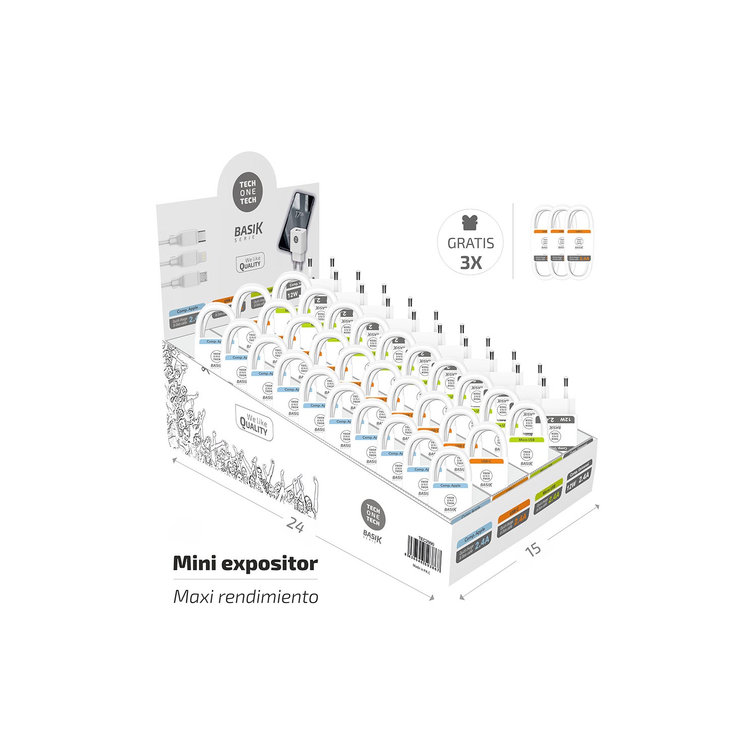 Expositor basik cables blancos 10 apple+10 usb-c +10 micro usb+10 cargadores+3 cables usb-c gratis. tech one tech