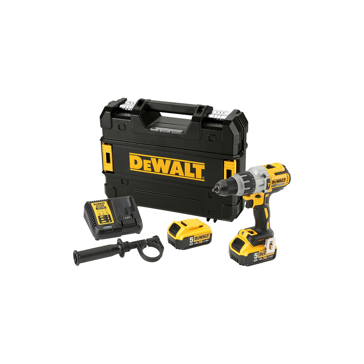 S.of. taladro percutor sin escobillas xr 18v xrp 13mm 95nm con 2 baterías li-ion 5ah y maletín tstak dcd996p2-qw dewalt