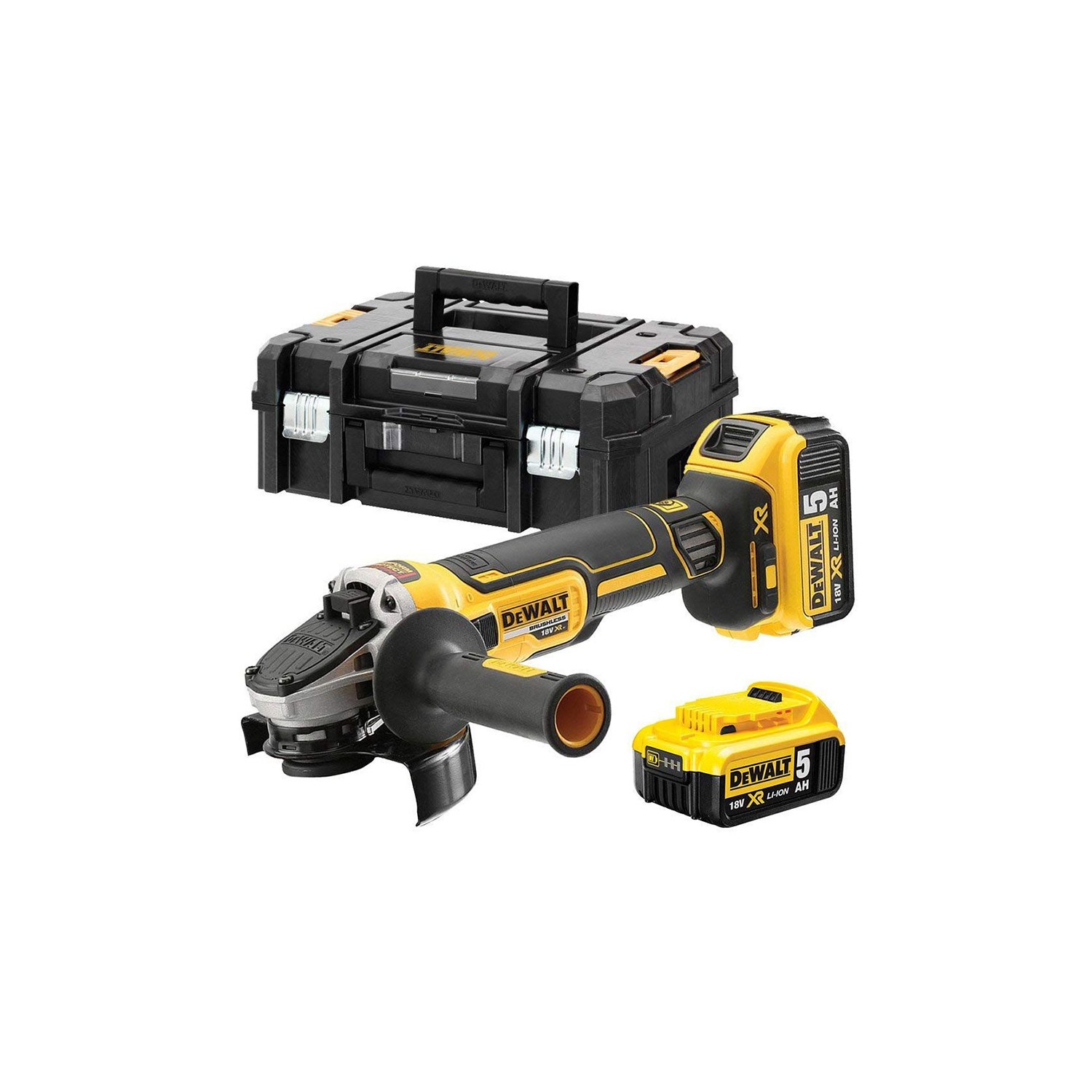 S.of. mini-amoladora sin escobillas xr 18v 125mm con 2 baterías li-ion 5ah, cargador y maletín tstak ii dcg405p2-qw dewalt