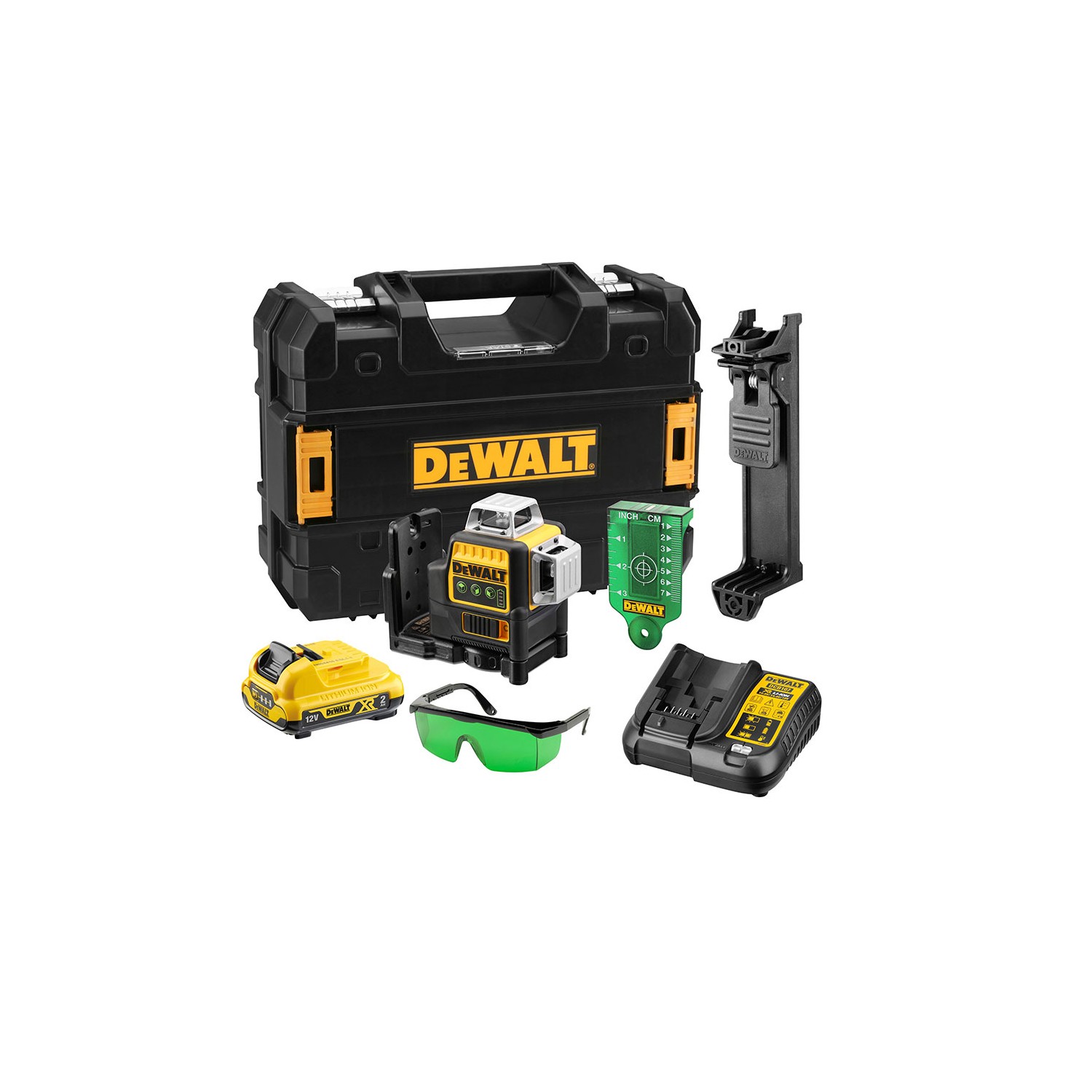 S.of. nivel láser autonivelante verde de 3 líneas 360° xr 12v con batería li-ion 2ah dce089d1g-qw dewalt