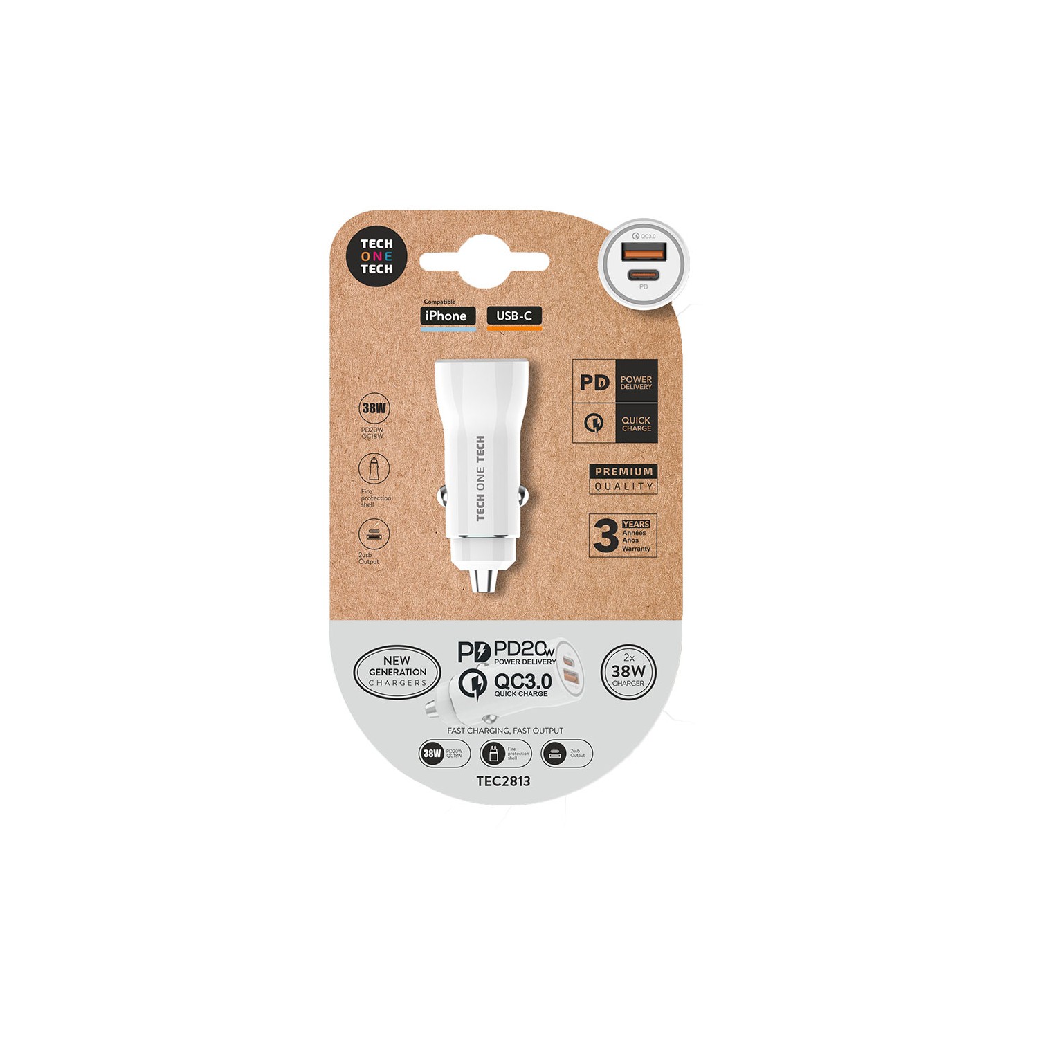 Cargador mechero blanco pd 38w con usb-c + usb-a. tech one tech