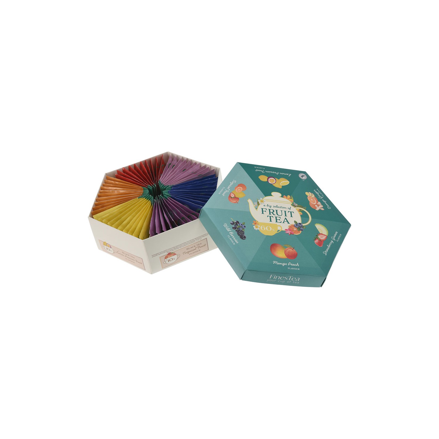 Caja de té hexagonal, 6 sabores, 60 bolsas