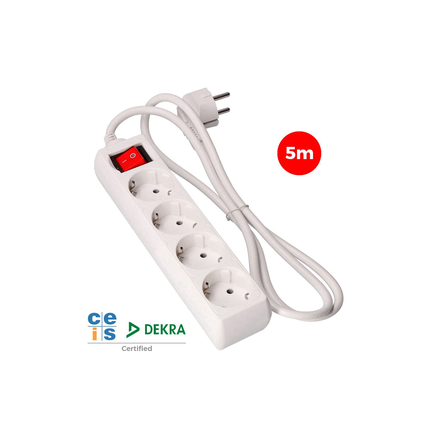 Prolongador con 4 tomas 2p+t, 16a 250v~ con interruptor luminoso, 5 m de cable h05vv-f 3g1,5mm² blanco