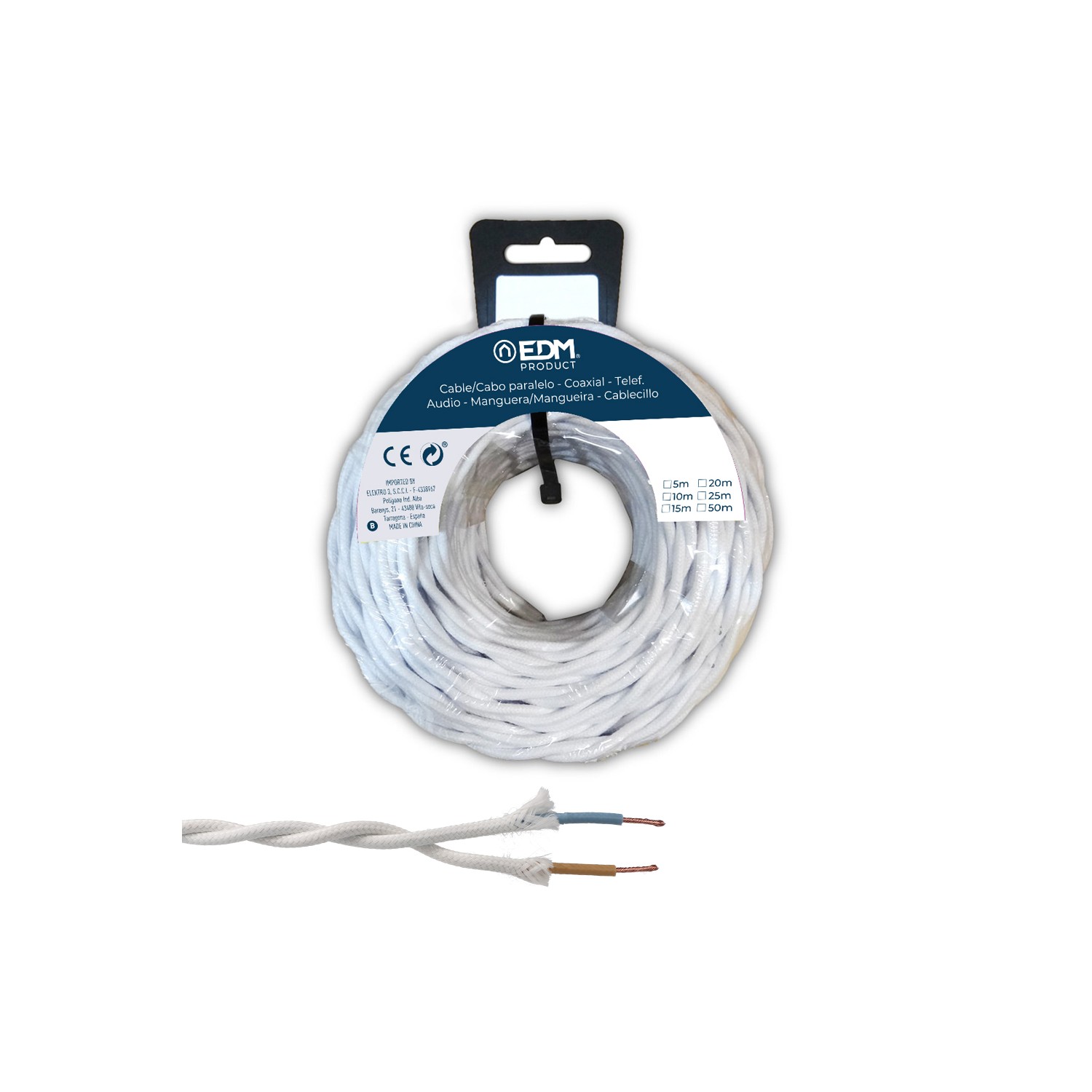 Carrete cable paralelo textil trenzado h05v-k 2 x 1,00 mm² blanco, 25 m