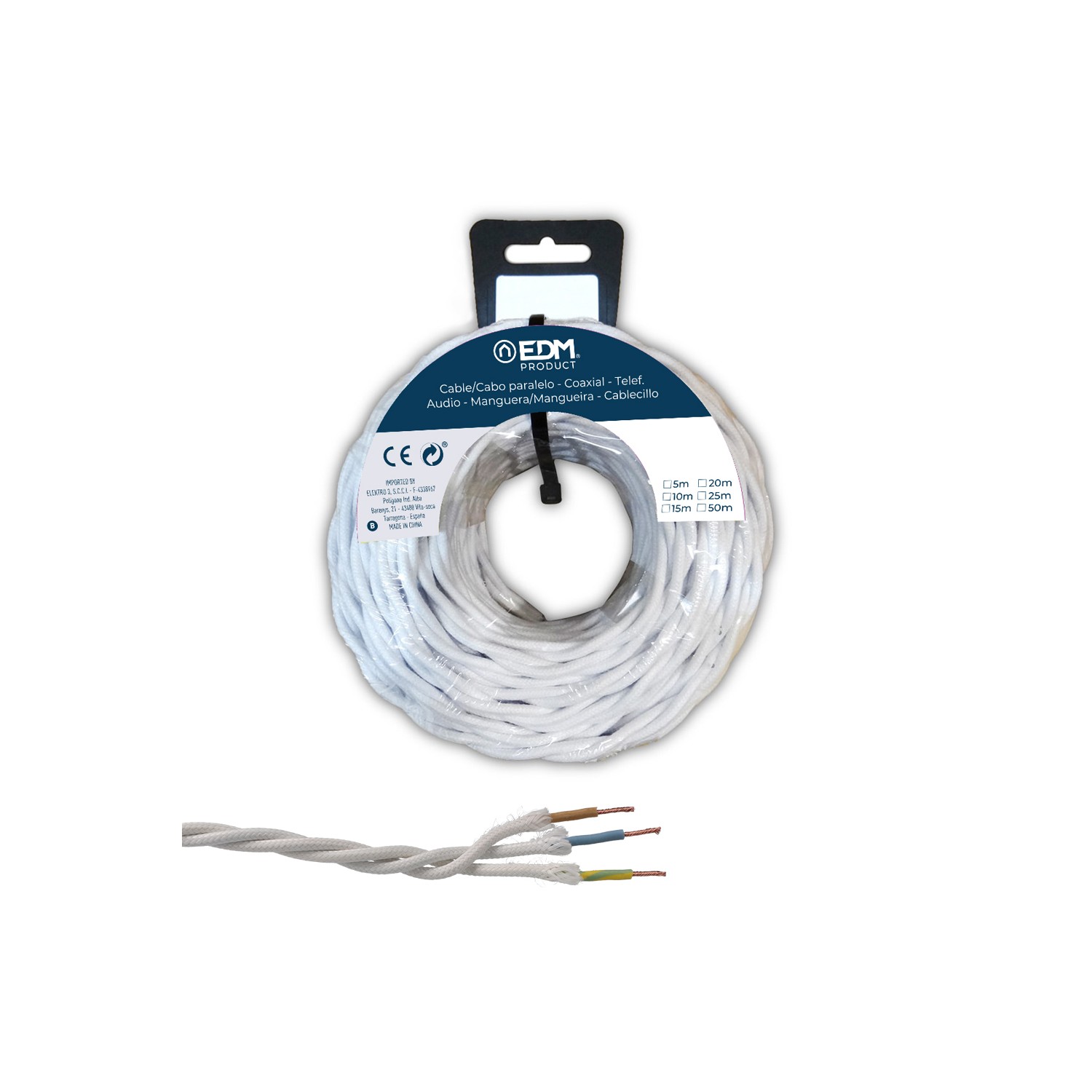 Carrete cable paralelo textil trenzado h05v-k 3 g 1,00 mm² blanco, 25 m