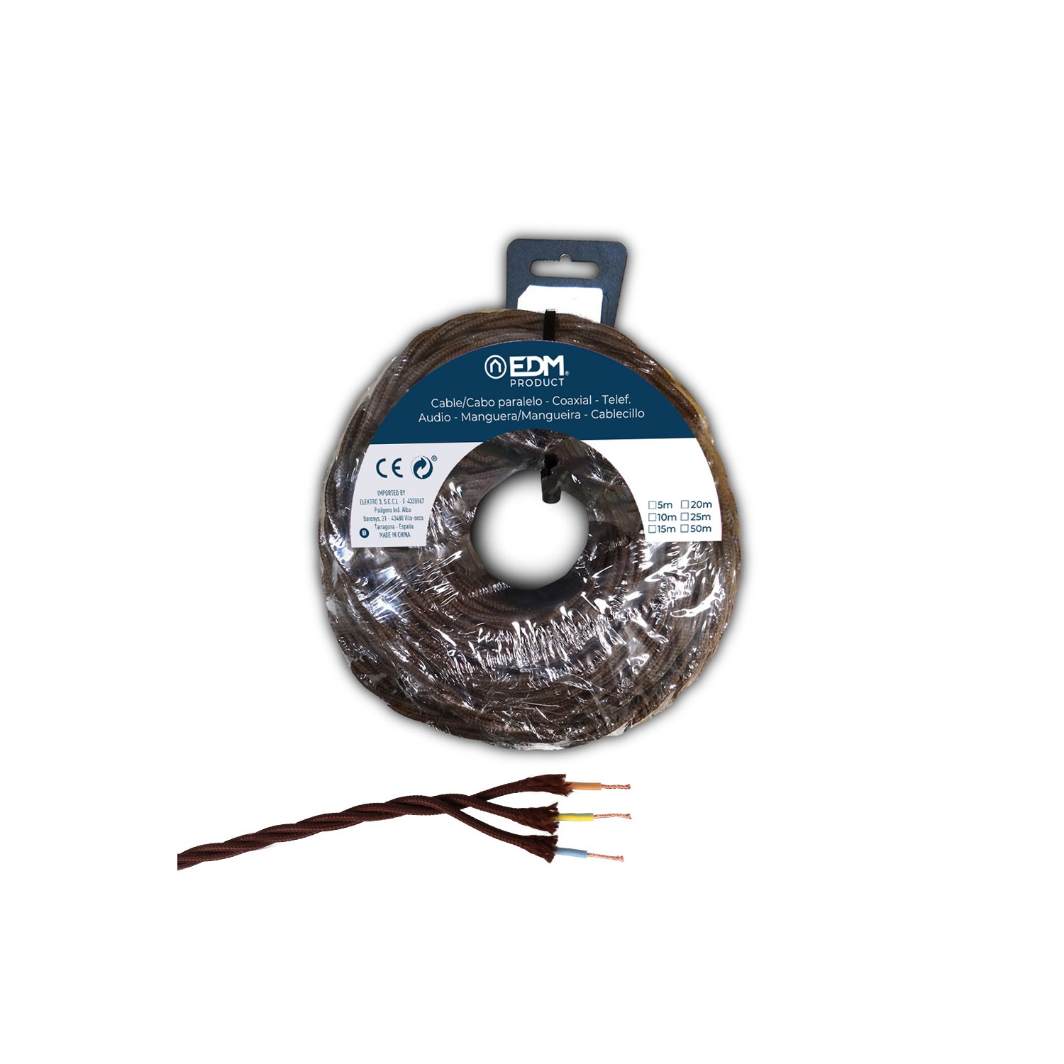 Carrete cable paralelo textil trenzado h05v-k 3 g 1,00 mm² marrón, 25 m