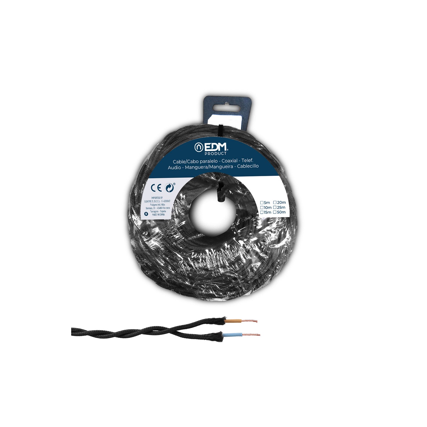 Carrete cable paralelo textil trenzado h05vv-f 2 x 1,50 mm² negro, 25 m