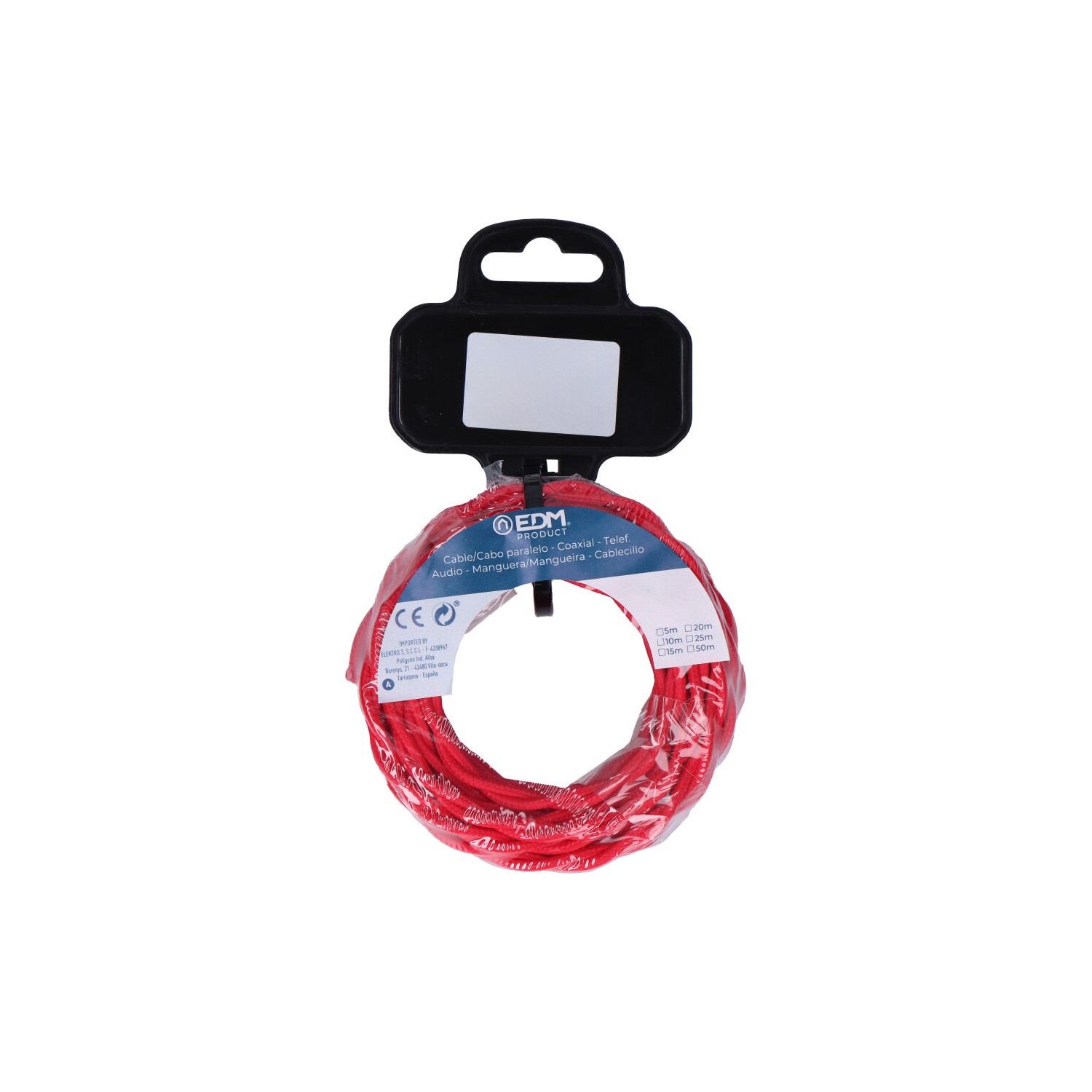 Carrete cable textil trenzado h03vv-f 2 x 0,75 mm² c-62 rojo, 5 m