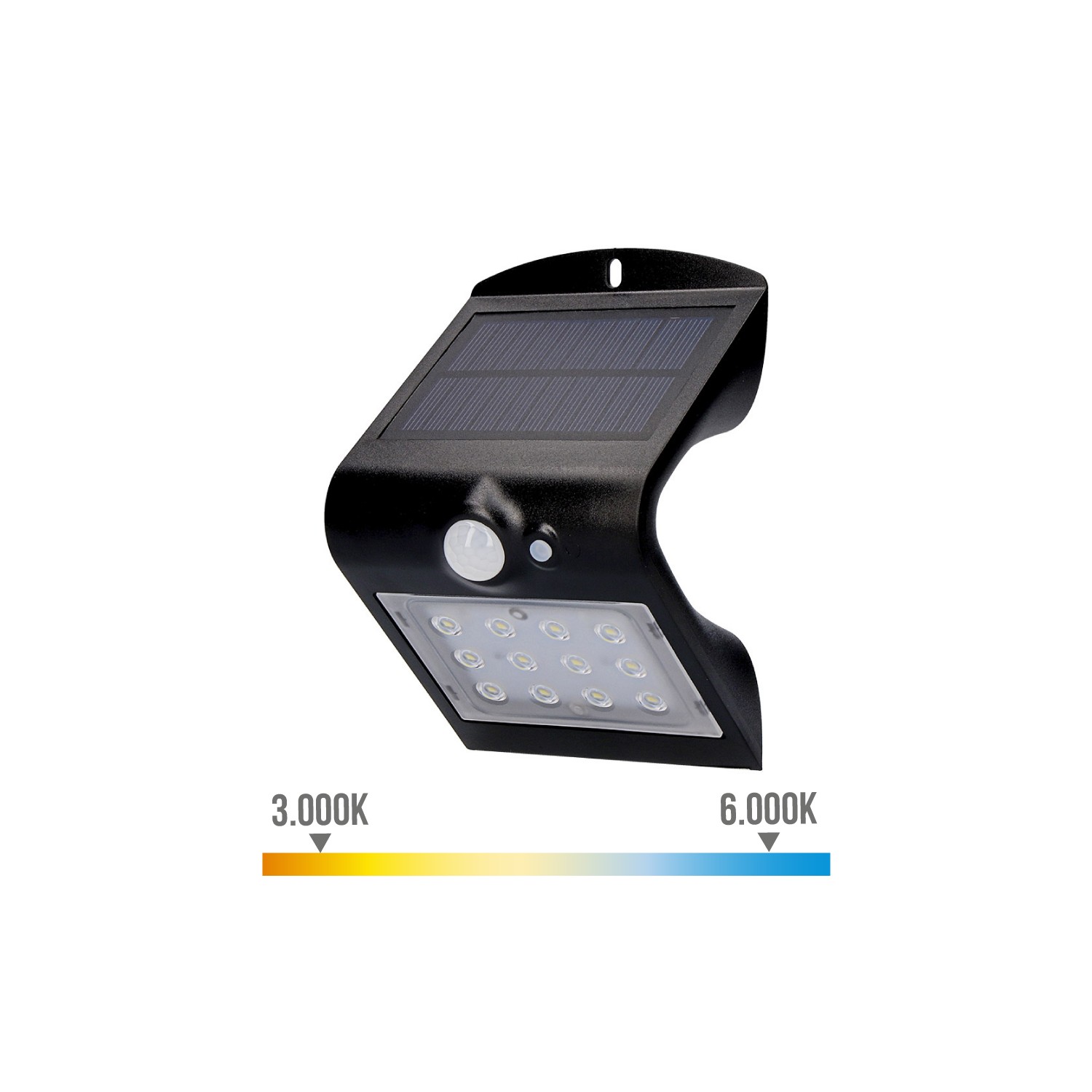 Aplique solar 1,5w 220lm recargable. sensor de presencia (2-6m) color negro 9,6x7,3x14cm edm