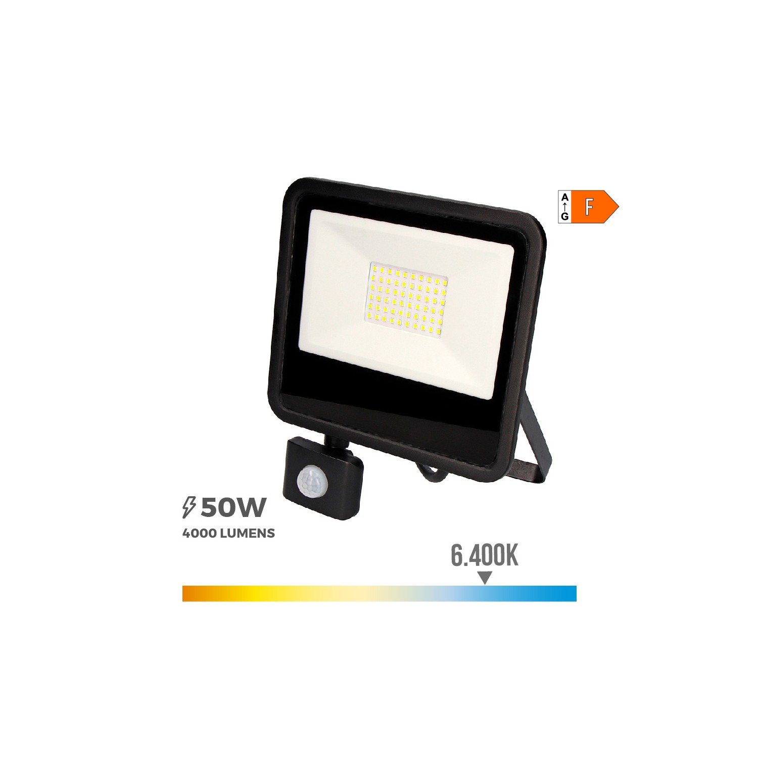 Foco proyector led 50w 4000lm 6400k luz fria con sensor de presencia 23,8x4,5x19,2cm edm