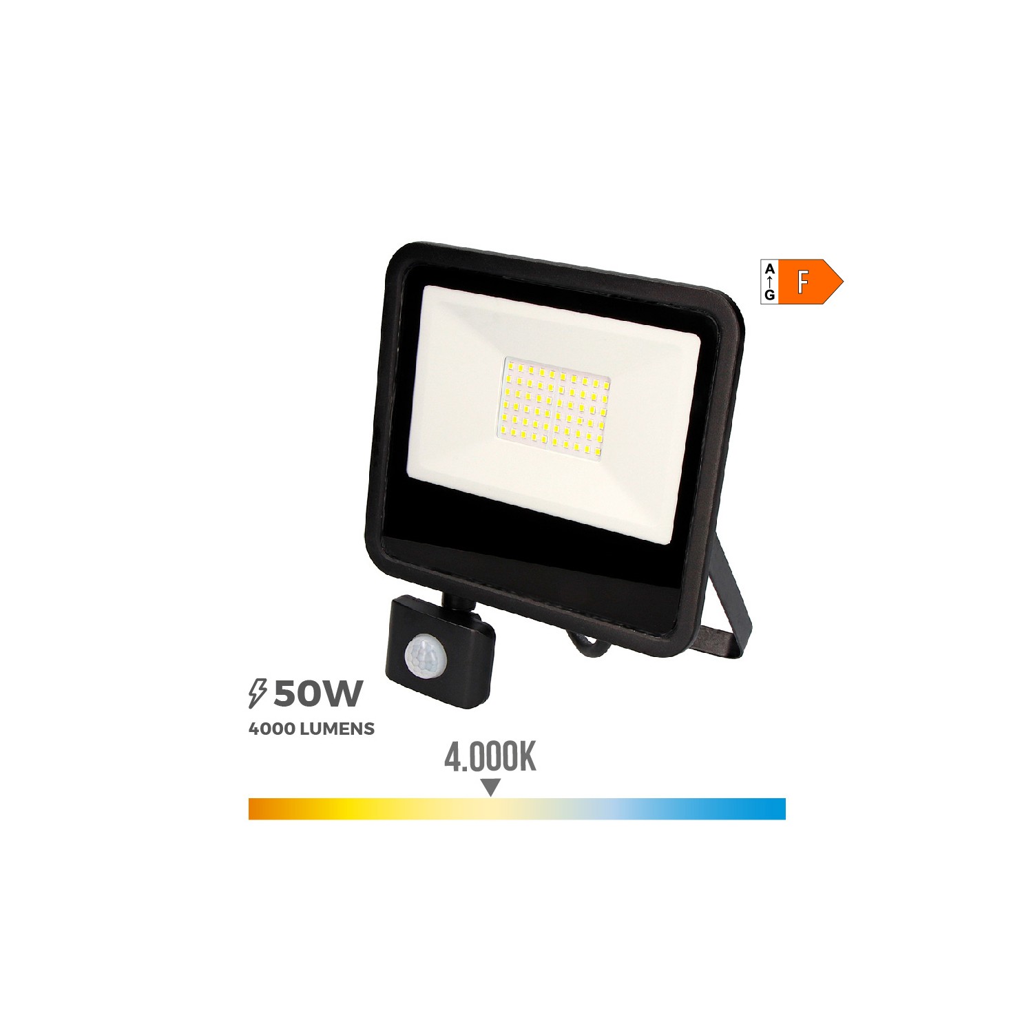 Foco proyector led 50w 4000lm 4000k luz dia con sensor de presencia 23,8x4,5x19,2cm edm