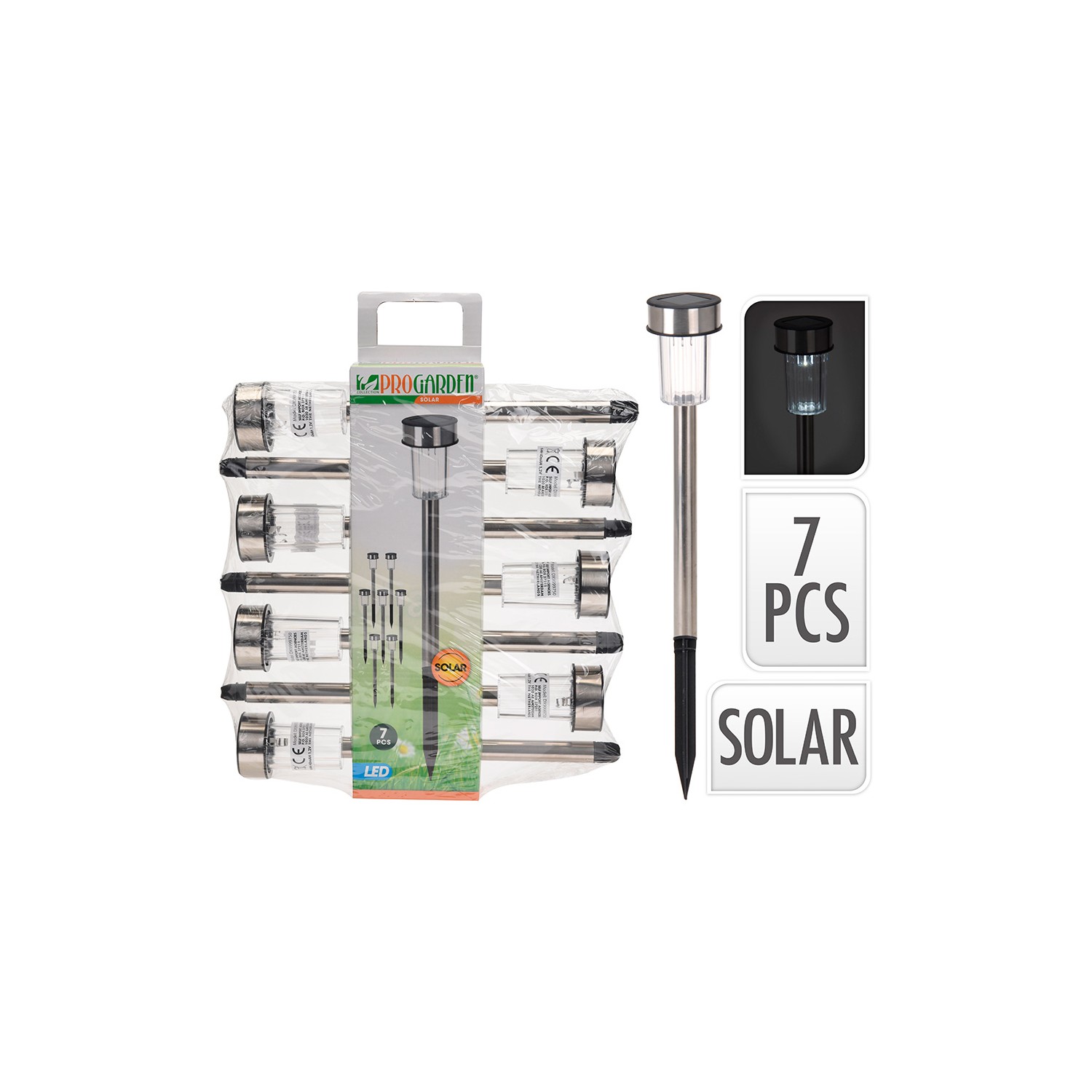 Pack 7 estacas solar de jardin. acero inoxidable. 1 led ip44 ø5x36cm progarden