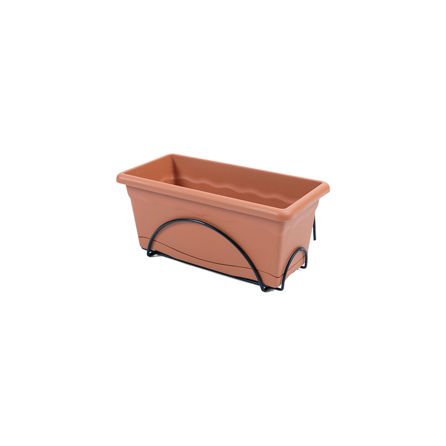 Jardinera con plato integrado 40x24cm + soporte metalico. color terracota