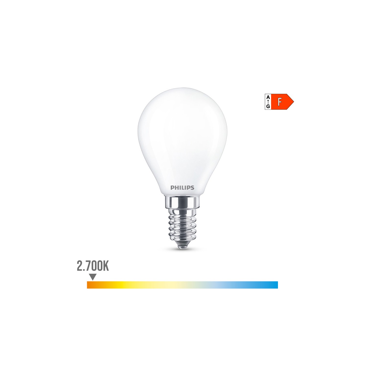 Bombilla esferica led e14 4,3w 470lm 2700k luz calida ø4,5x8,2cm philips