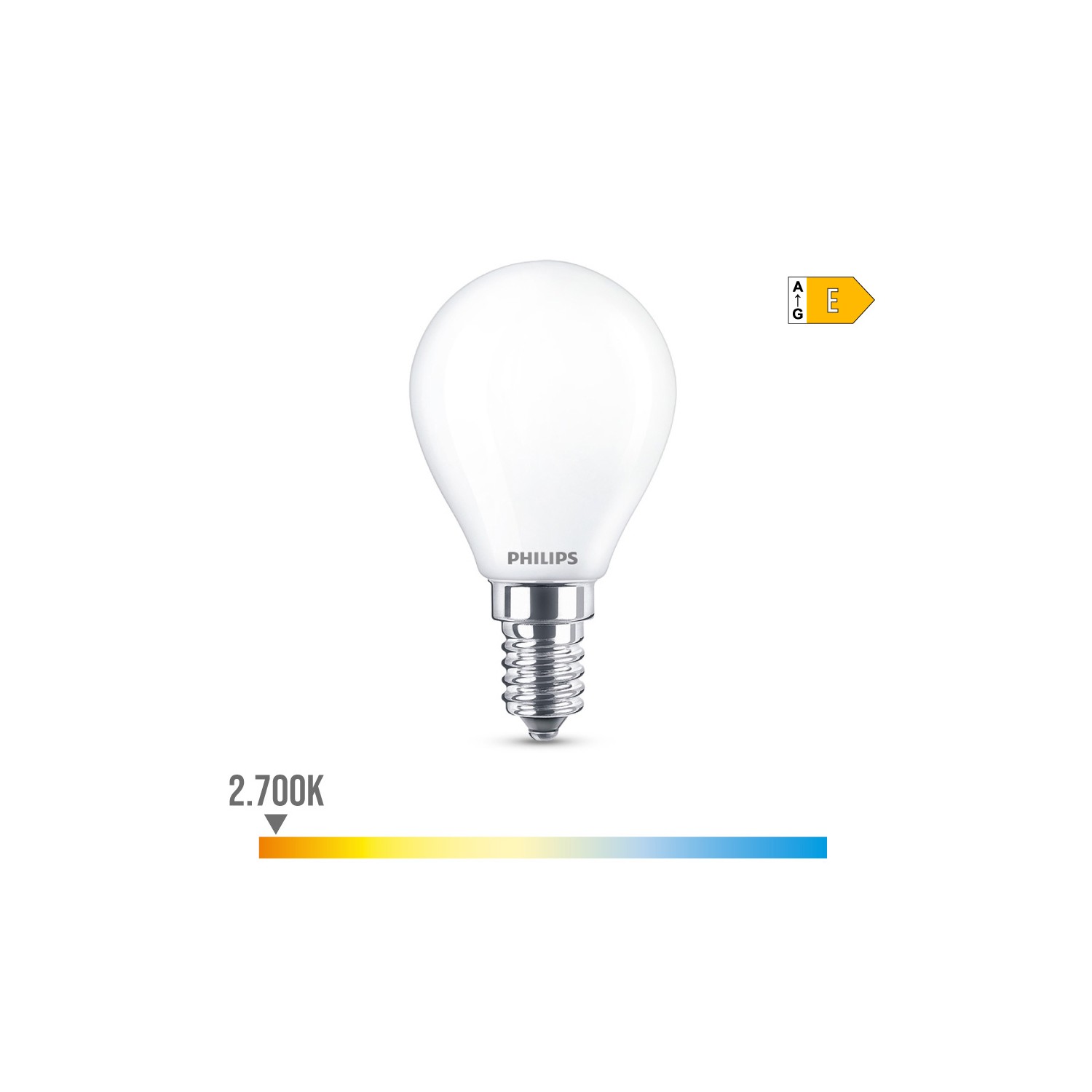 Bombilla esferica led e14 6,5w 806lm 2700k luz calida ø4,5x8cm philips