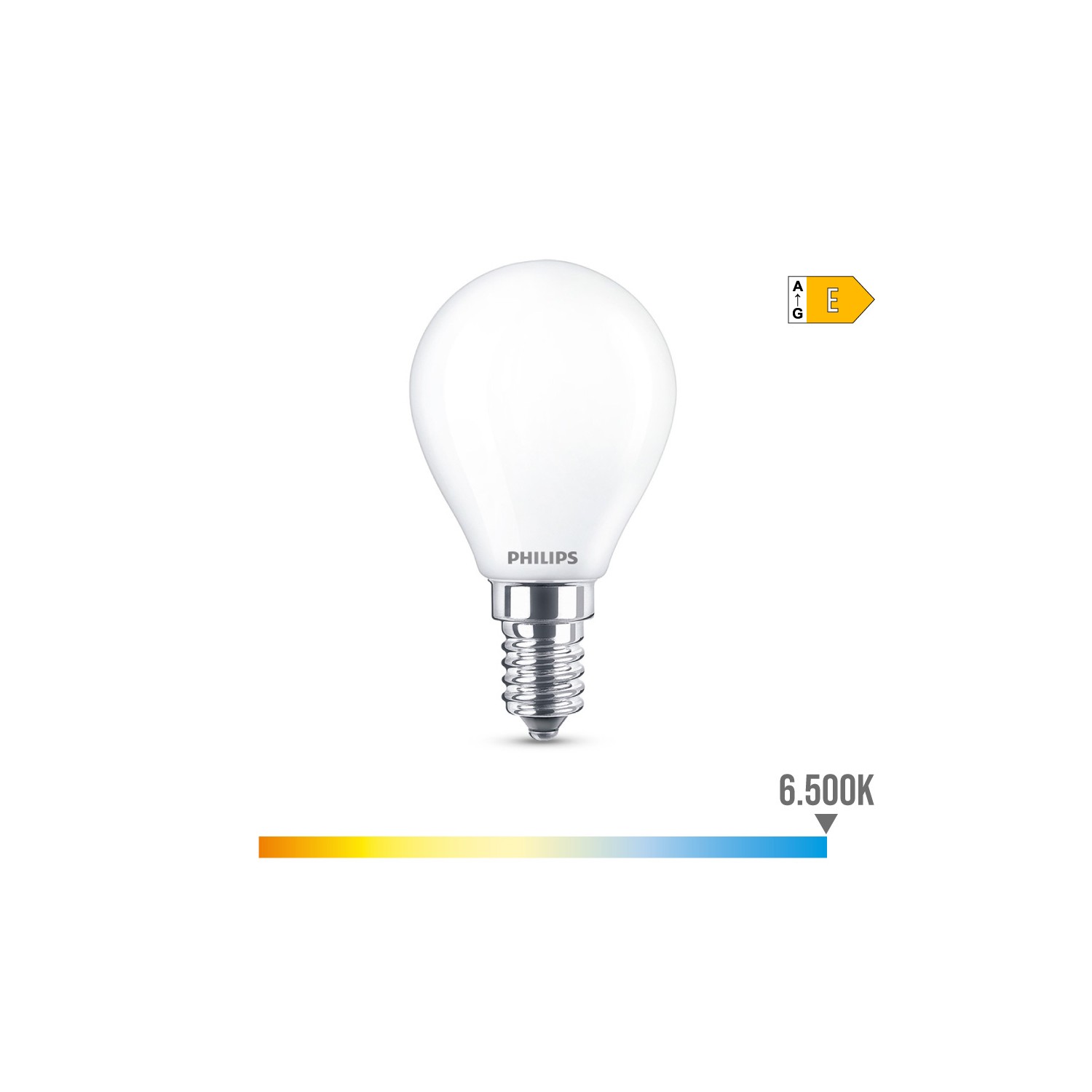 Bombilla esferica led e14 6,5w 806lm 6500k luz fria ø4,5x8cm philips