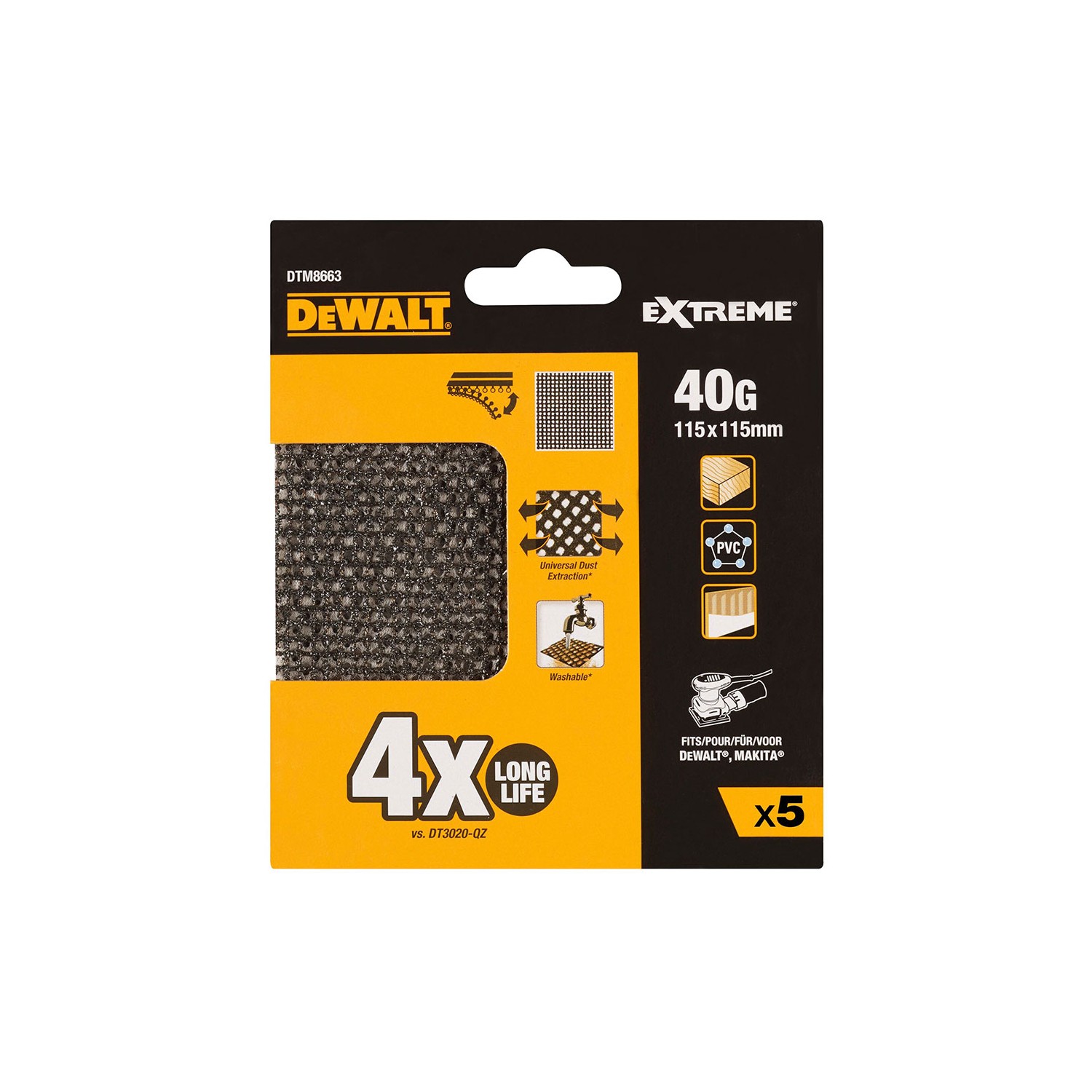 Pack 5 lijas de malla 1/4 grano 40 para lijadoras orbitales 115x115mm dtm8663-qz dewalt