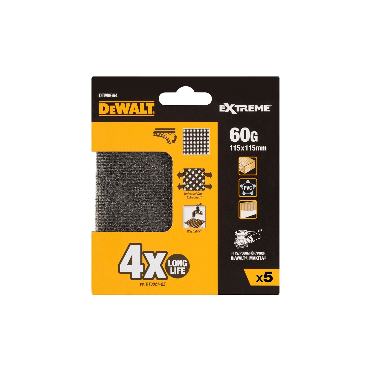 Pack 5 lijas de malla 1/4, 115x115mm grano 60 para lijadoras orbitales dtm8664-qz dewalt