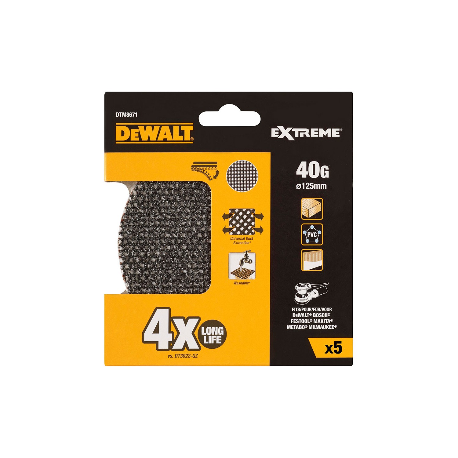 Pack 5 lijas de malla ø125mm grano: 40 para lijadoras rotoorbitales dtm8671-qz dewalt