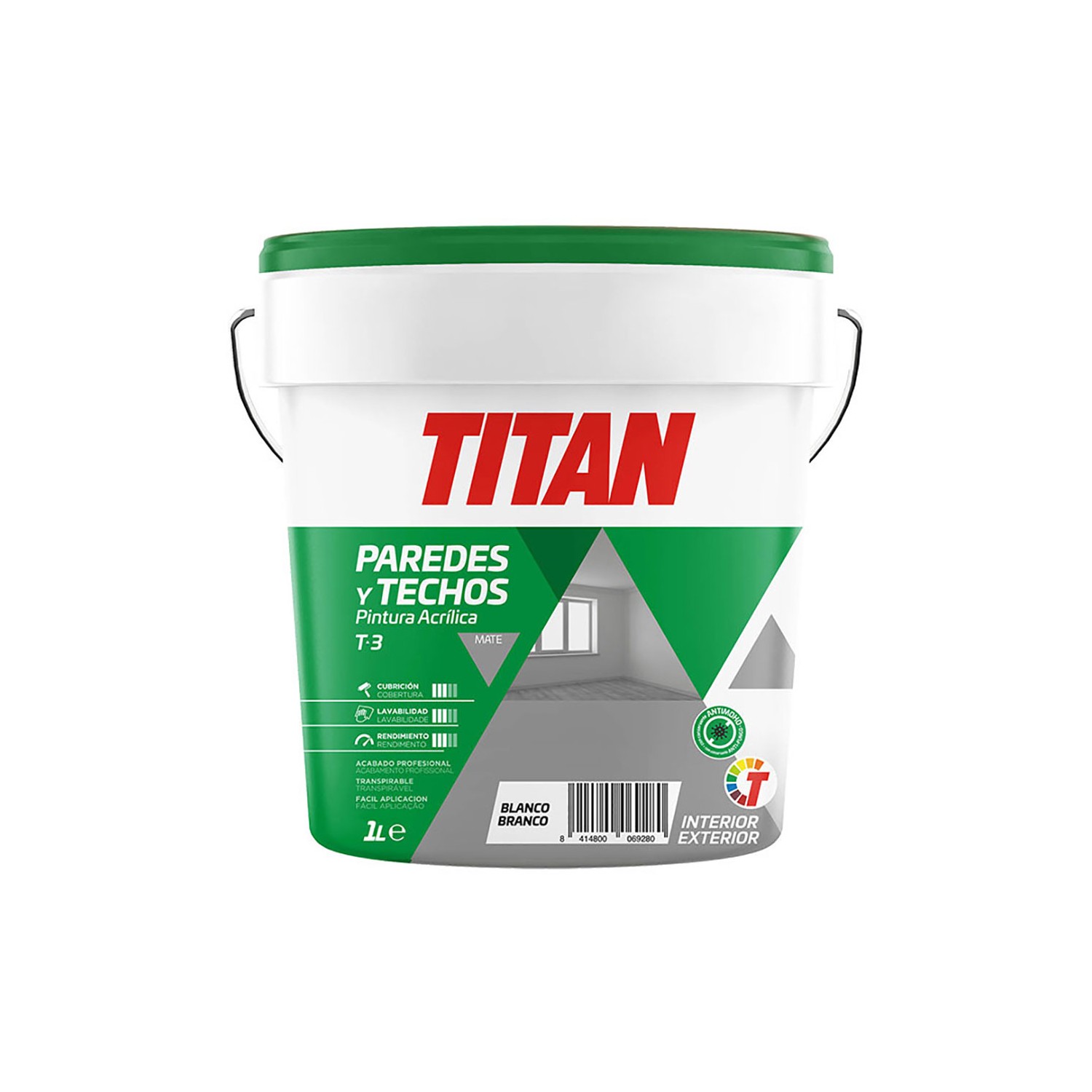 Pintura acrílica para decoración de paredes y techos t-3 blanco.mate 1 l 123000301