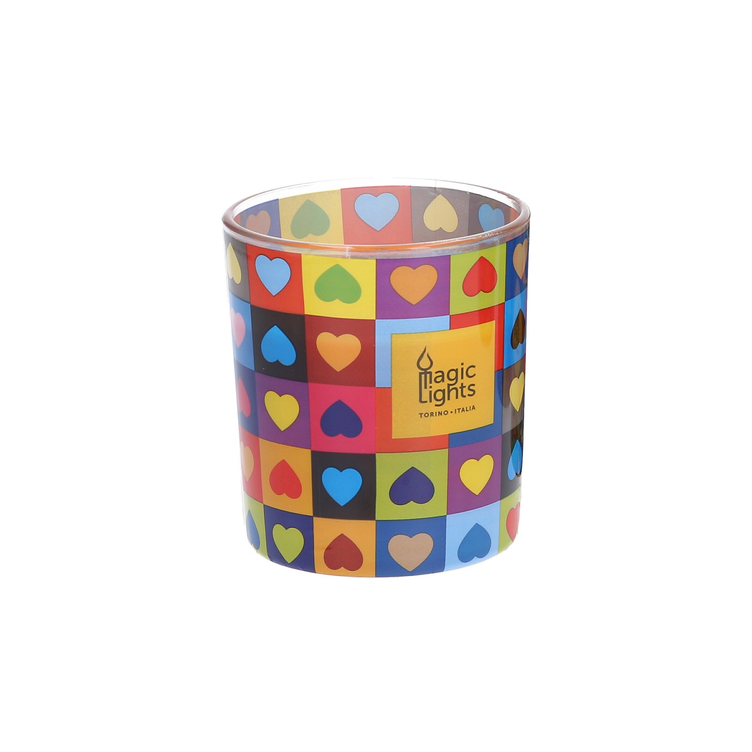 Vela en vaso pop art ø7,5x8,4cm corazones magic lights